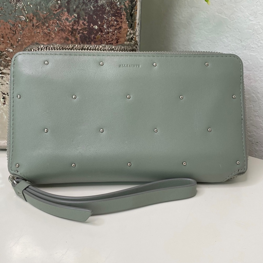 AllSaints Gray Leather Studded Zip Around‎ Phone Wallet Wristlet Clutch